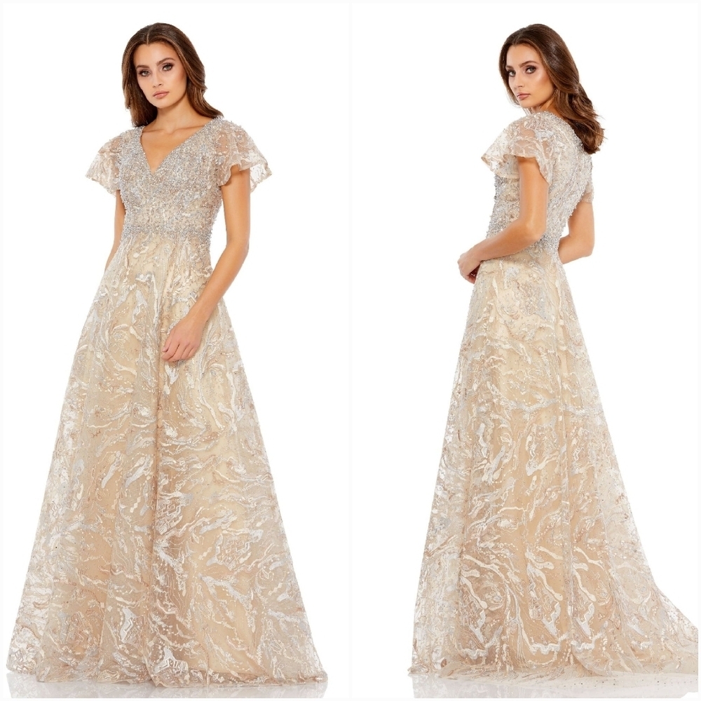 Mac Duggal Beaded & Embroidered Short-Sleeve Gown